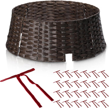 28" Christmas Tree Collar for Pencil Trees with 24Pcs Velvet Christmas Tree Bows,Cord Cut-Out, Basket Tree Skirt