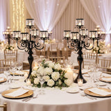 Black Candelabra Centerpieces for Tables - 5 Arm Crystal Pendant Candle Holders, Elegant Metal Centerpieces
