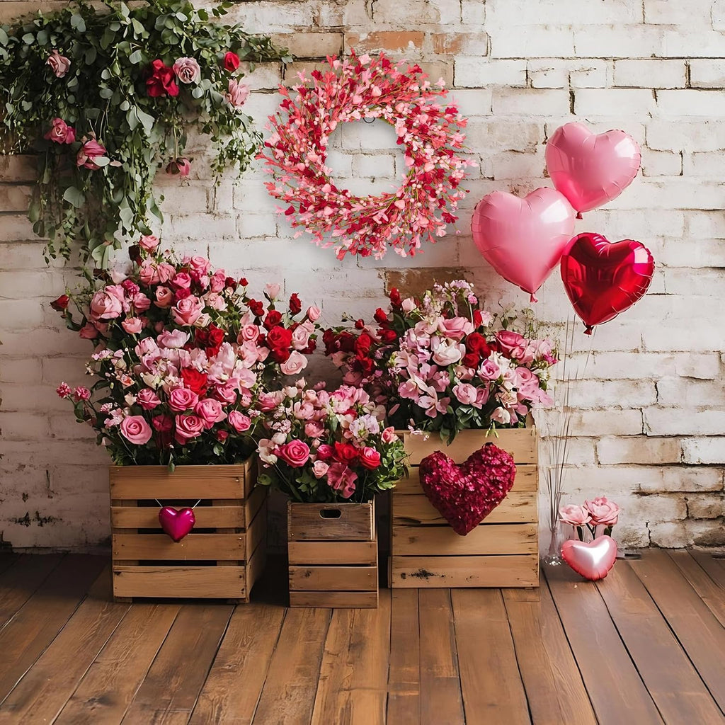 24 Inch Floral Wreath for Valentine's Day - Pink Red Ombre Wreath with Heart Shaped Berry ,Forsythina Flowers Outdoor