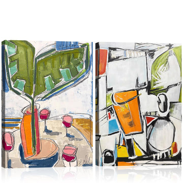 Framed 2pcs Abstract White Green Wall Art Geometric Print Colorful Dining Room Canvas Painting Modern Mexican Style
