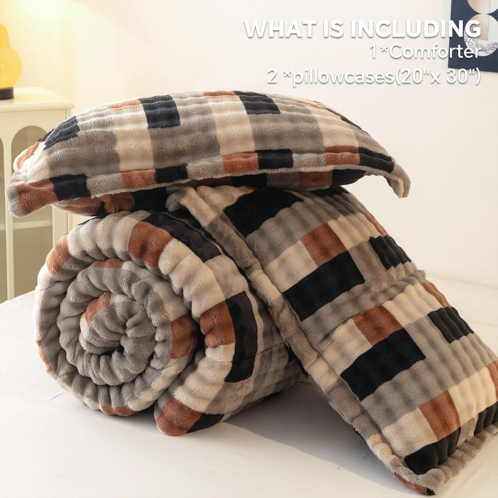 Flannel Sherpa Comforter Set, Soft Warm Reversible Plush Bedding Comforter with 2 Pillow Shams, Cozy Fluffy
