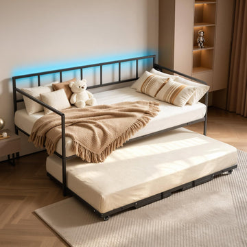 Twin Daybed with Pop Up Trundle Metal Charging Station LED Light, Bedroom Guest Room, Heavy Duty Twin Size Sofa Day
