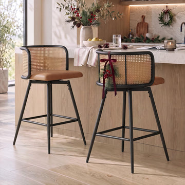 26" Swivel Rattan Bar Stools Set of 2, Counter Height Barstools, Brown