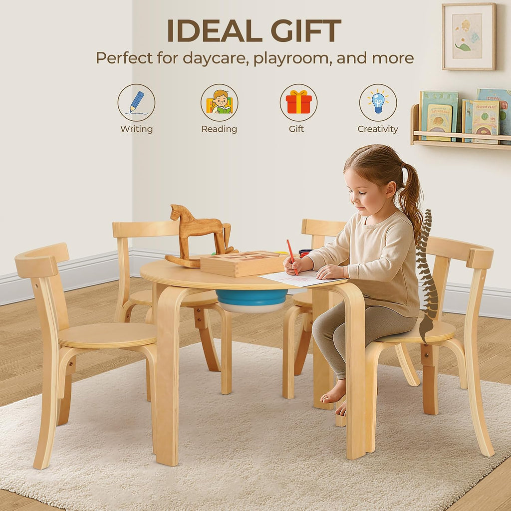 Kid Round Table and 4 Chairs Set with Storage Tub, Wooden Toddler Table Chair for Arts, Crafts, Eating, Learning, Kid
