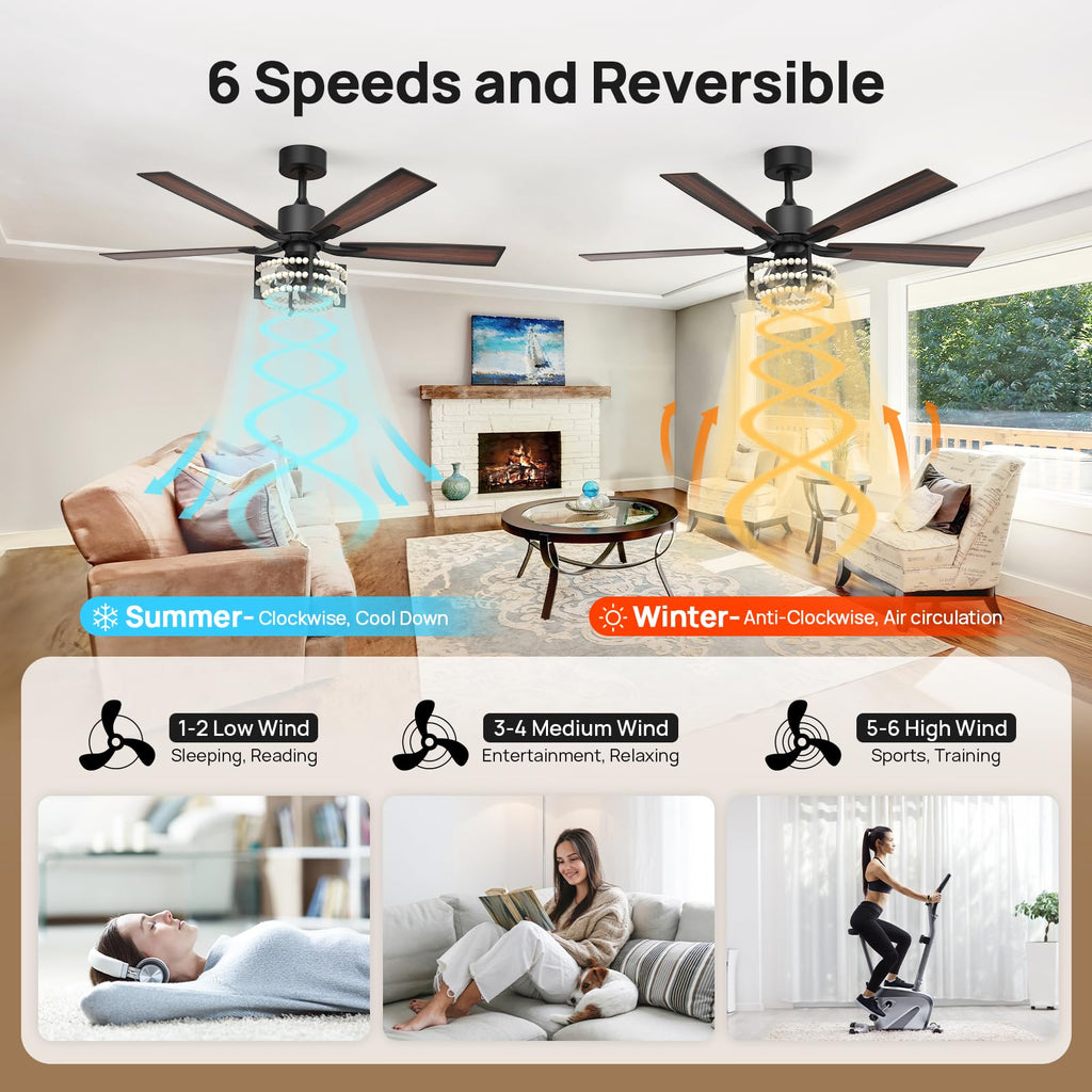 Ceiling Fan With Lights 52 Inch, Vintage Ceiling Fan With Remote, Boho Wooden Pearls Decor, Quiet Reversible DC