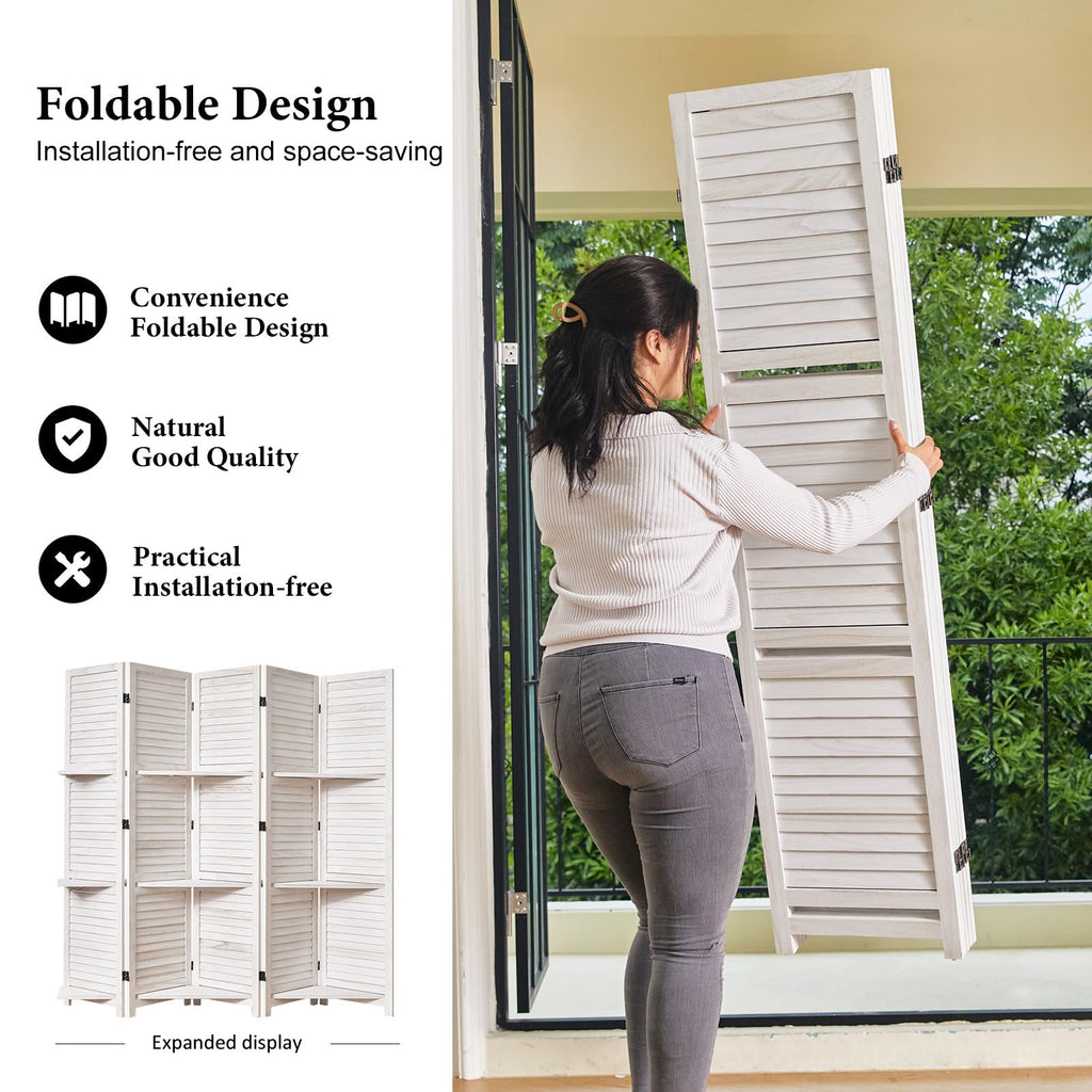 Partition Room Dividers, Folding Wood Privacy Screen with Three Display Shelves Suitable, Study, Art Display - 5