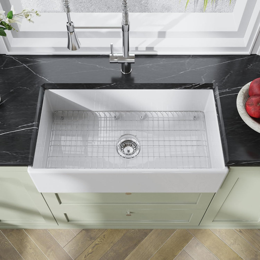 Kitchen Sink 33 inch Single Bowl Apron Front Farmhouse Sink, Fireclay Ceramic Finish Kitchen Sinks, Central Drain