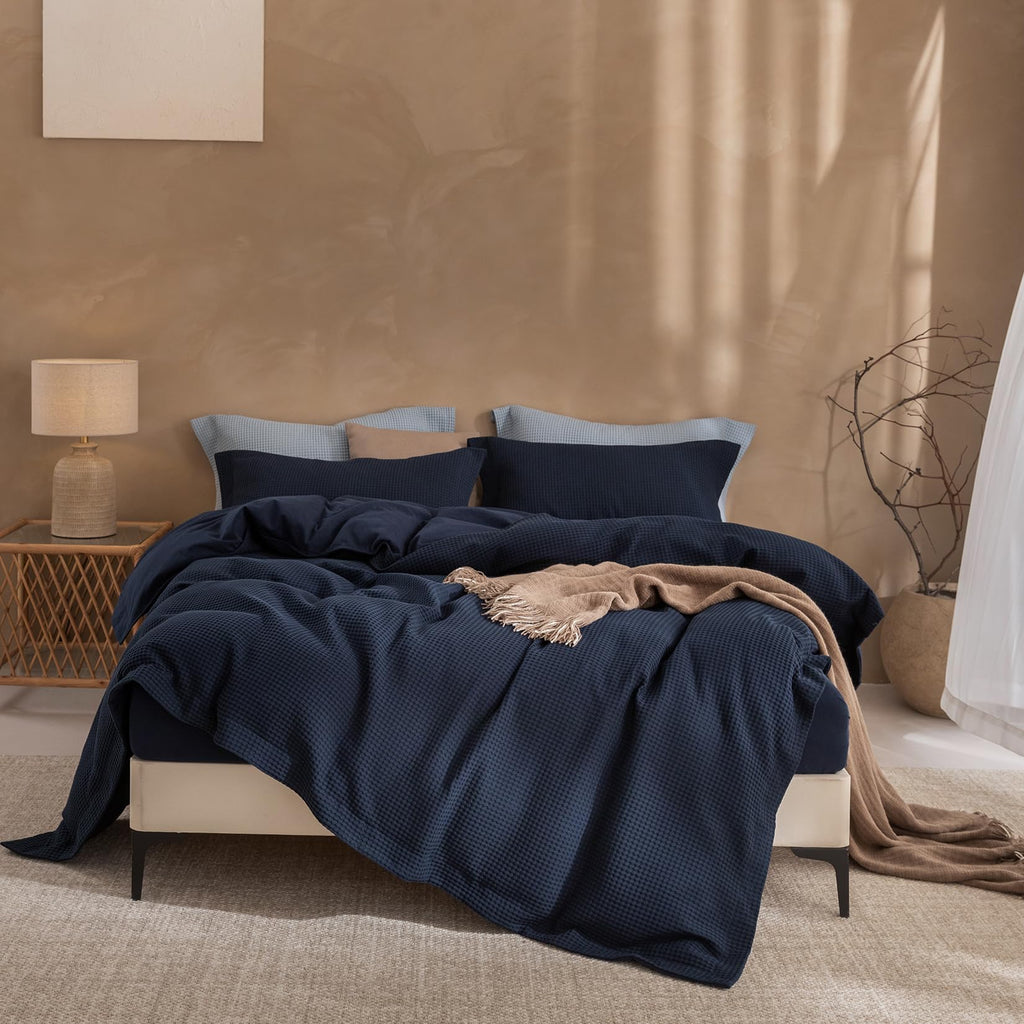 3Pcs Navy Blue Waffle Cotton Duvet Cover Set Super 98x90