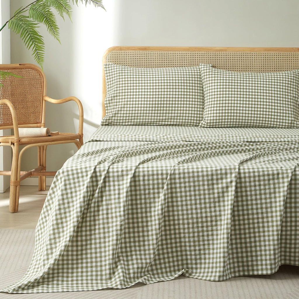 Gingham Queen Sheet Set, 100% Washed Cotton Linen Feel Sage Green Plaid Printed Sheet Sets Lightweight Soft Grid Bed