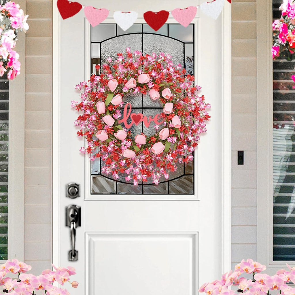 22IN Valentines Day Wreath Decorations, Wreath for Front Door, Pink Tulip Valentine, Spring Summer for Valentine's
