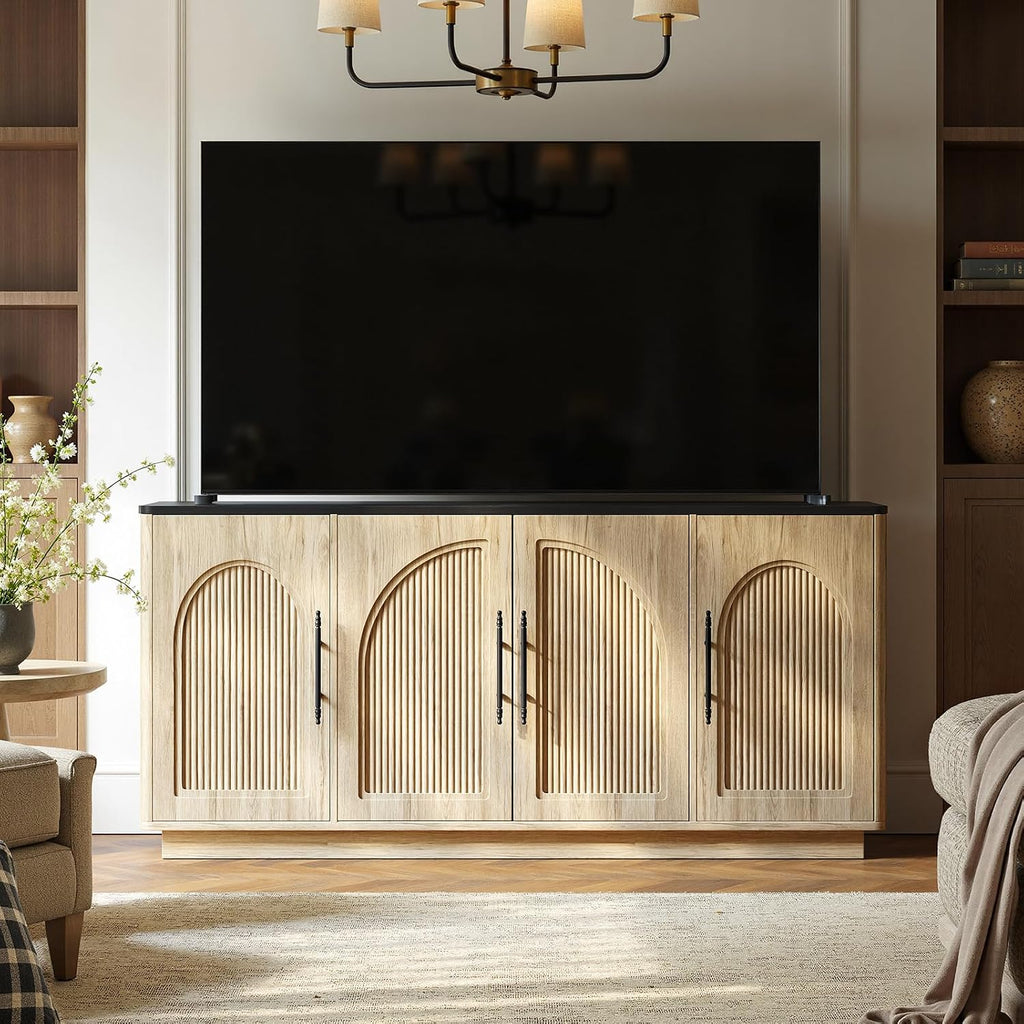 67IN Oak Fluted Sideboard Buffet Cabinet with Storage | Large Wood Storage Cabinet with Arched Door, Dining Room