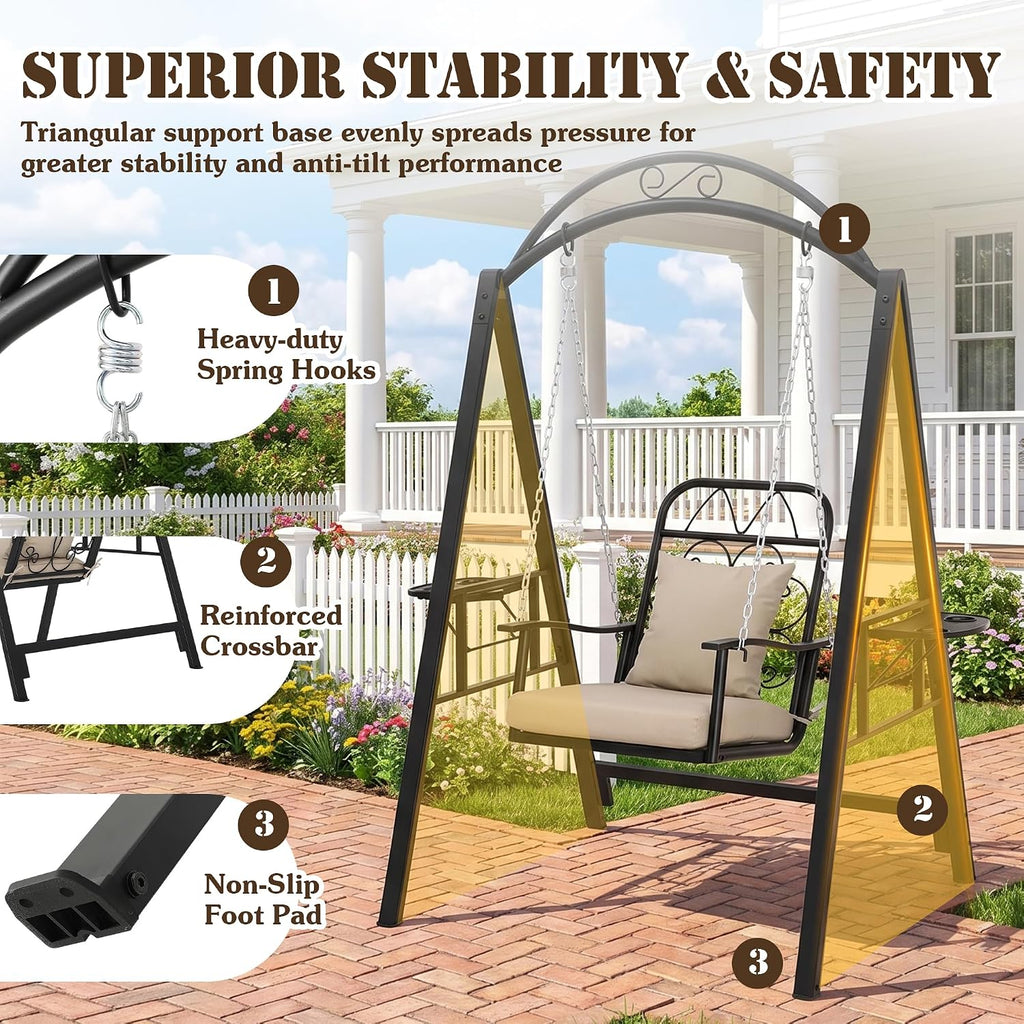 Outdoor Porch Swing with Stand, 350lbs Capacity, Height Adjustment | 1 Seat, Heavy-Duty Metal Frame, Cup Holders