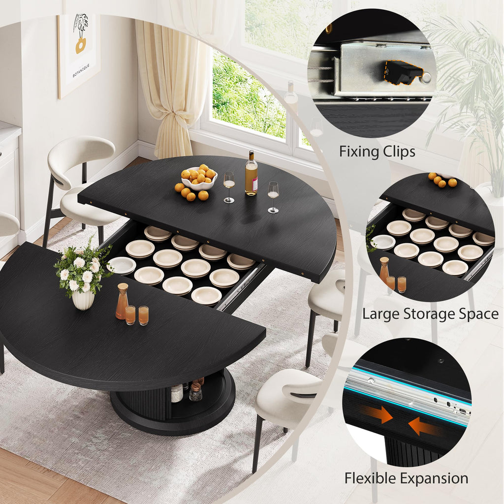 47′′-63′′ Extendable Round Dining Table for 4-8 with Dust-Proof 2-Tier Storage Shelf Space Saving Expandable Wood