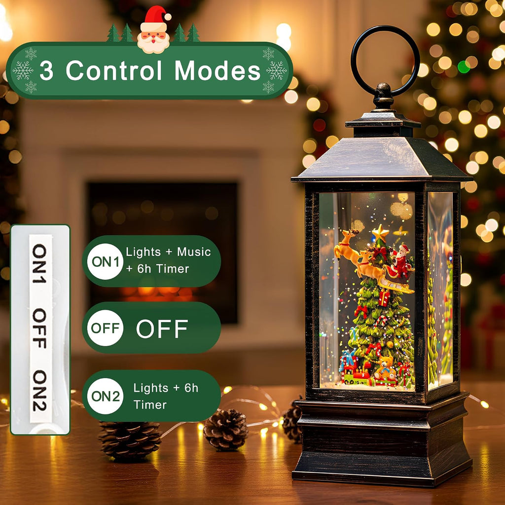 10.4" Christmas Snow Globe Flying Santa Around The Tree Water Lantern, Battery Operated or USB Powered Musical