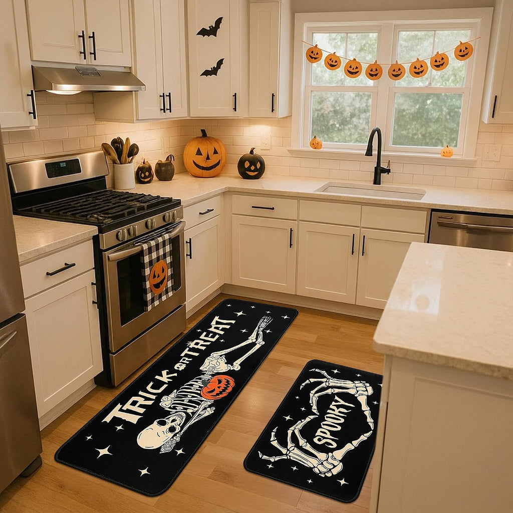 Halloween Kitchen Decor Rugs Set,Skeleton Kitchen Rugs and Mats Non Skid Washable Absorbent Kitchen - Set of 2