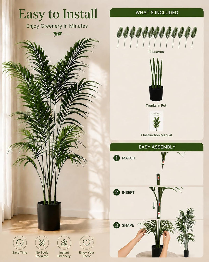 6FT Fake Palm Tree, Tall Artificial Floor Plants with Lifelike Leaves