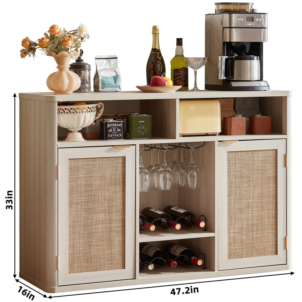 Rattan Wine Bar Cabinet with Storage, Grey White