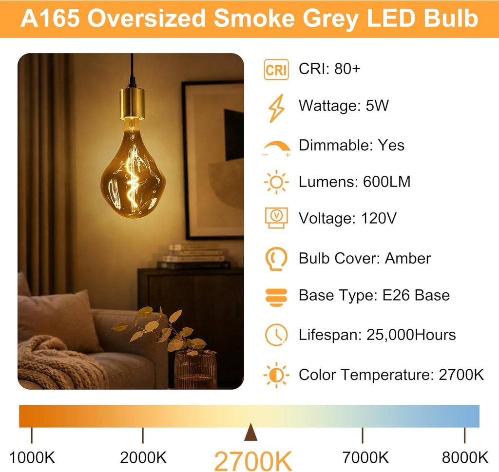 Dimmable Oversized LED Edison Bulb 40 Watt Equivalent, Smoke Grey