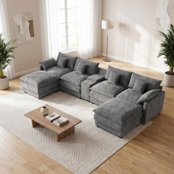 145" Oversized U-Shaped Cloud Sectional Sofa, Grey