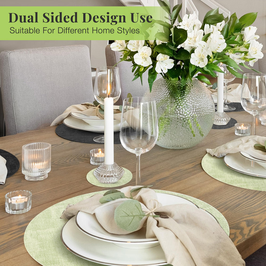 Placemats Set of 8, 13" Round Reversible Faux Leather with Coasters
