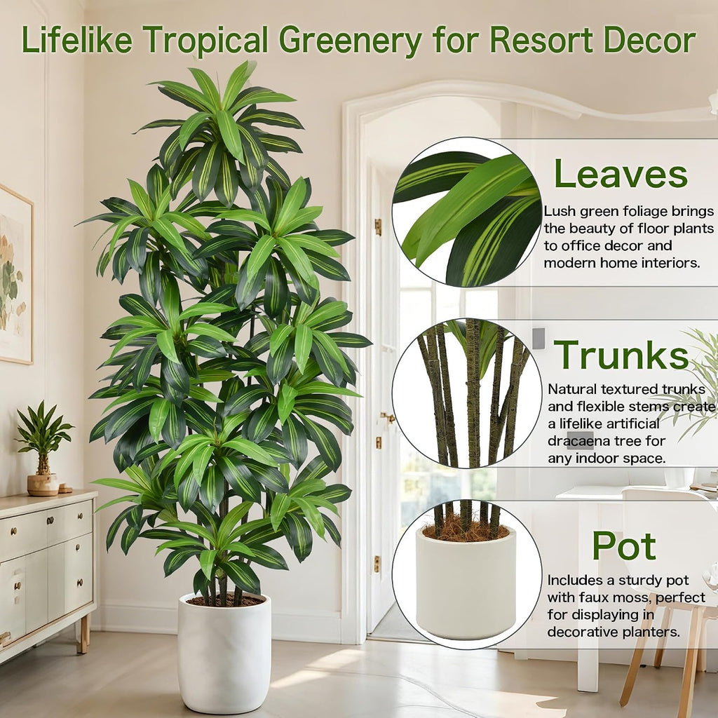 8FT Artificial Dracaena Floor Tree, Large Potted Faux Tropical Plant with Realistic Green Leaves, Tall Indoor