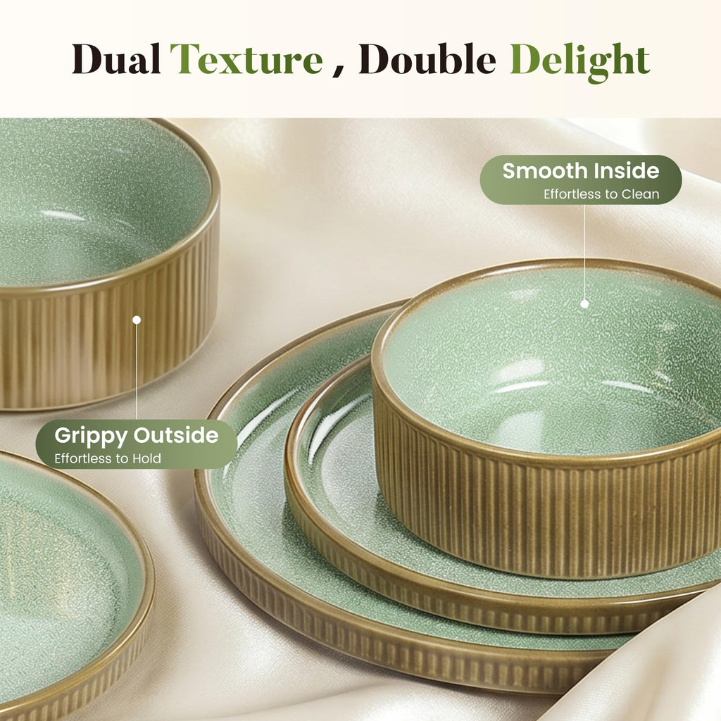 Fluted Ceramic Dinnerware Sets for 8, 32Pcs Non Toxic Stoneware Plates and Bowls, Scratch Resistant Dish, Oven &