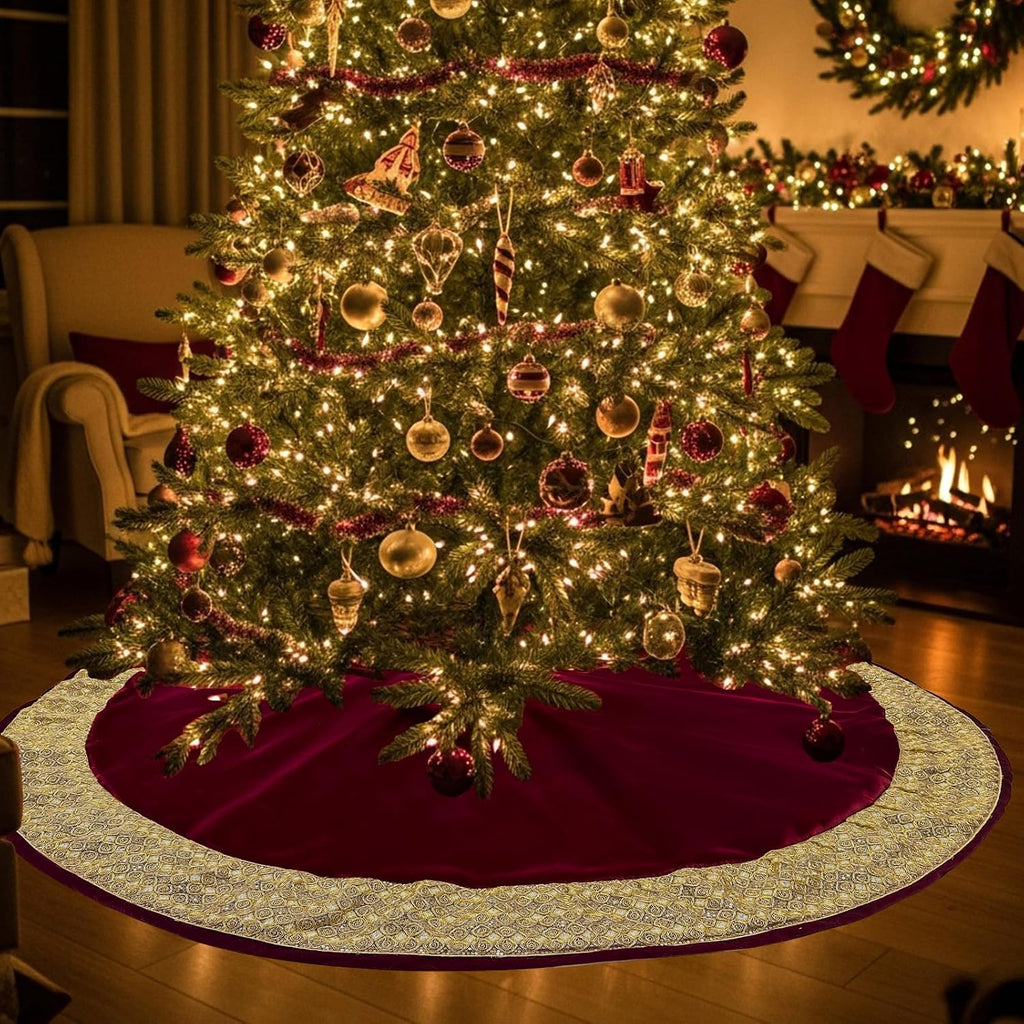 72 inch Christmas Tree Skirt, Extra Large Velvet Red Tree Skirt with Gold Glitter Trim, Rustic Vintage Xmas Tree