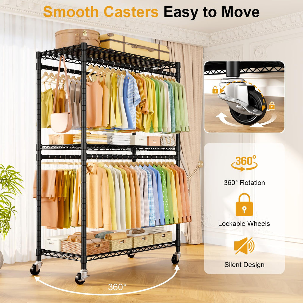 Rolling Clothes Rack, Clothing Racks for Hanging Clothes, Black