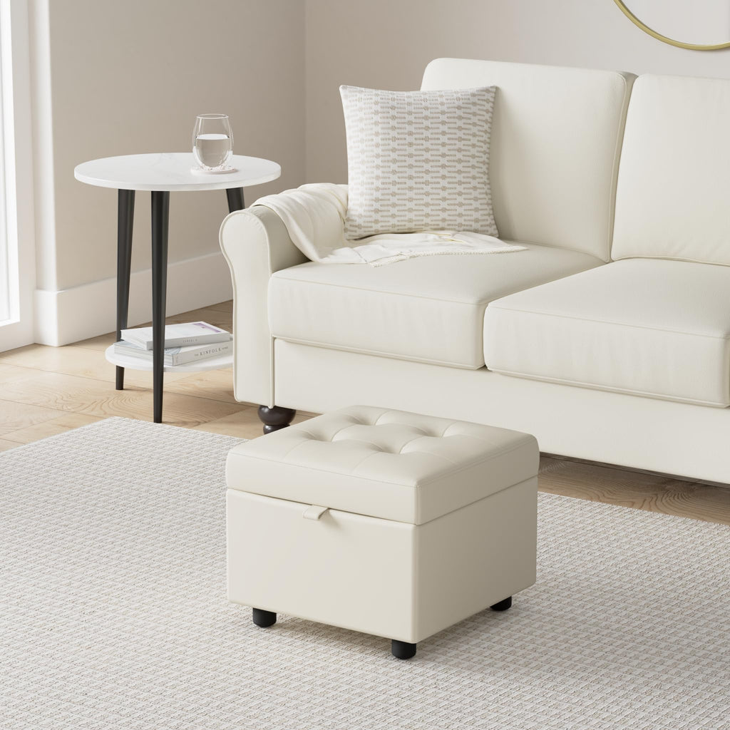 Tufted Leather Square Flip Top Storage Ottoman Cube Foot Rest (Cream with Storage)