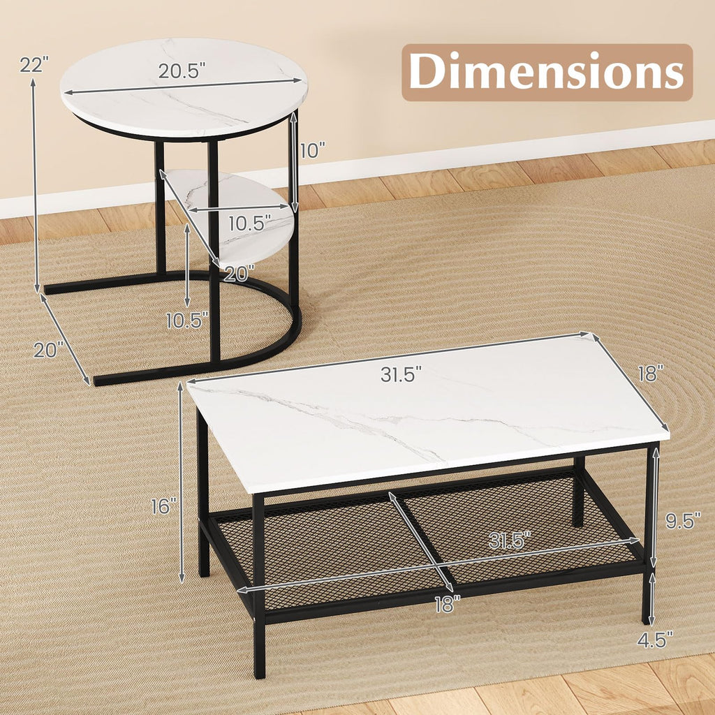 Nesting Coffee Set of 2, 2 PCS Nesting Tables with Faux Marble Top and Extra Storage Shelf, Modern Round End &