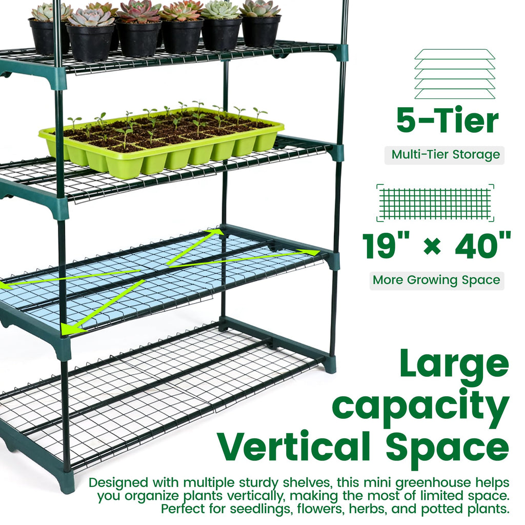 50% Extra Wide Mini Greenhouse 5 Tier Portable Plant Green House 40in Wide -Sturdy Gardening Shelves with PVC Cover