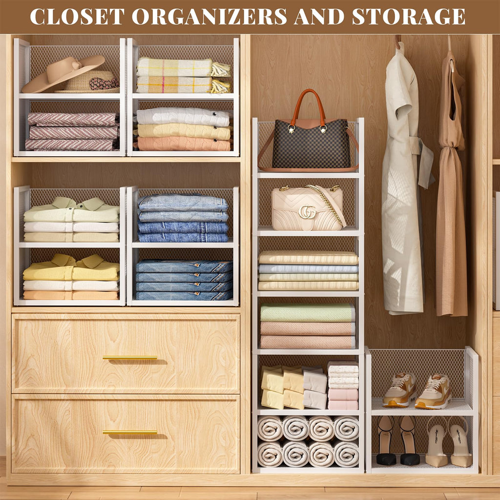 6-Tier Stackable Closet Organizers and Storage Basket, Wire Closet Shelf Organizer, Sweater Storage Oragnizer Bins