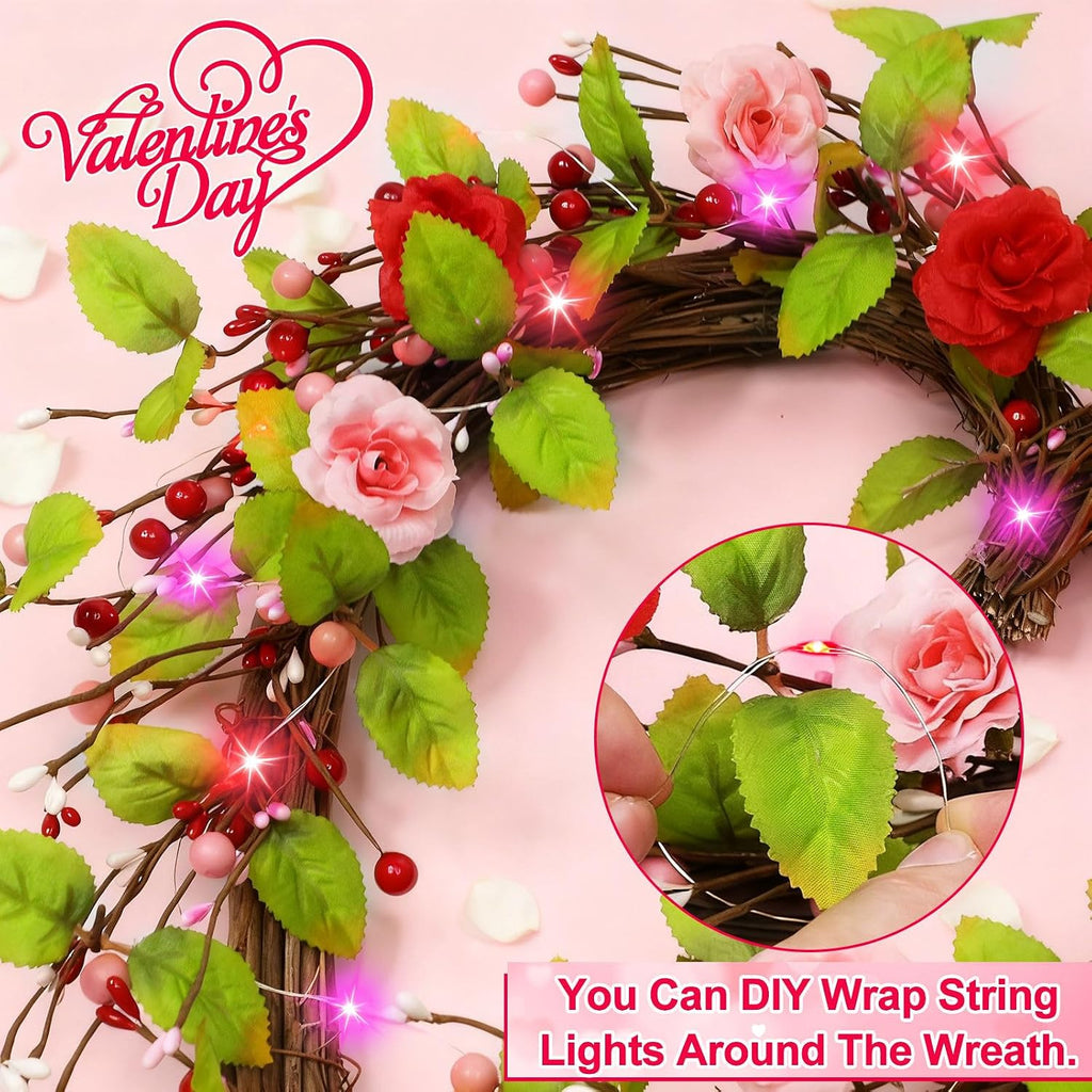 Valentines Day Wreath Decor with 20 Red and Pink Lights Timer, 18 Inch Valentines Wreaths for Front Door Rose Berry