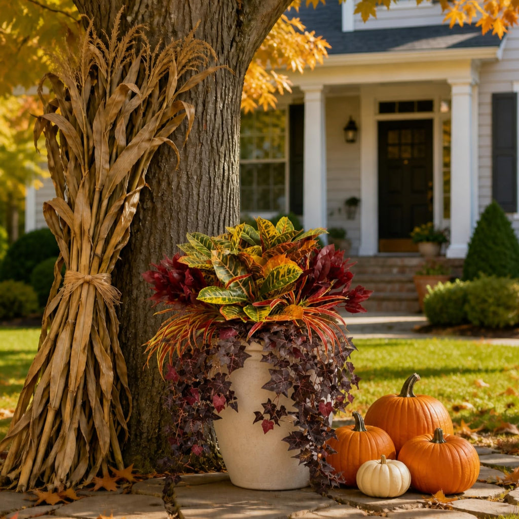 Fall Artificial Croton Plants Fake Greenery for Outdoor Porch Planters