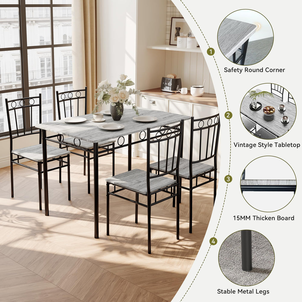 5 Piece Dining Table Set, Wood Kitchen Table and Chairs for Small Space, Breakfast Nook, Easy Assembly, Grey