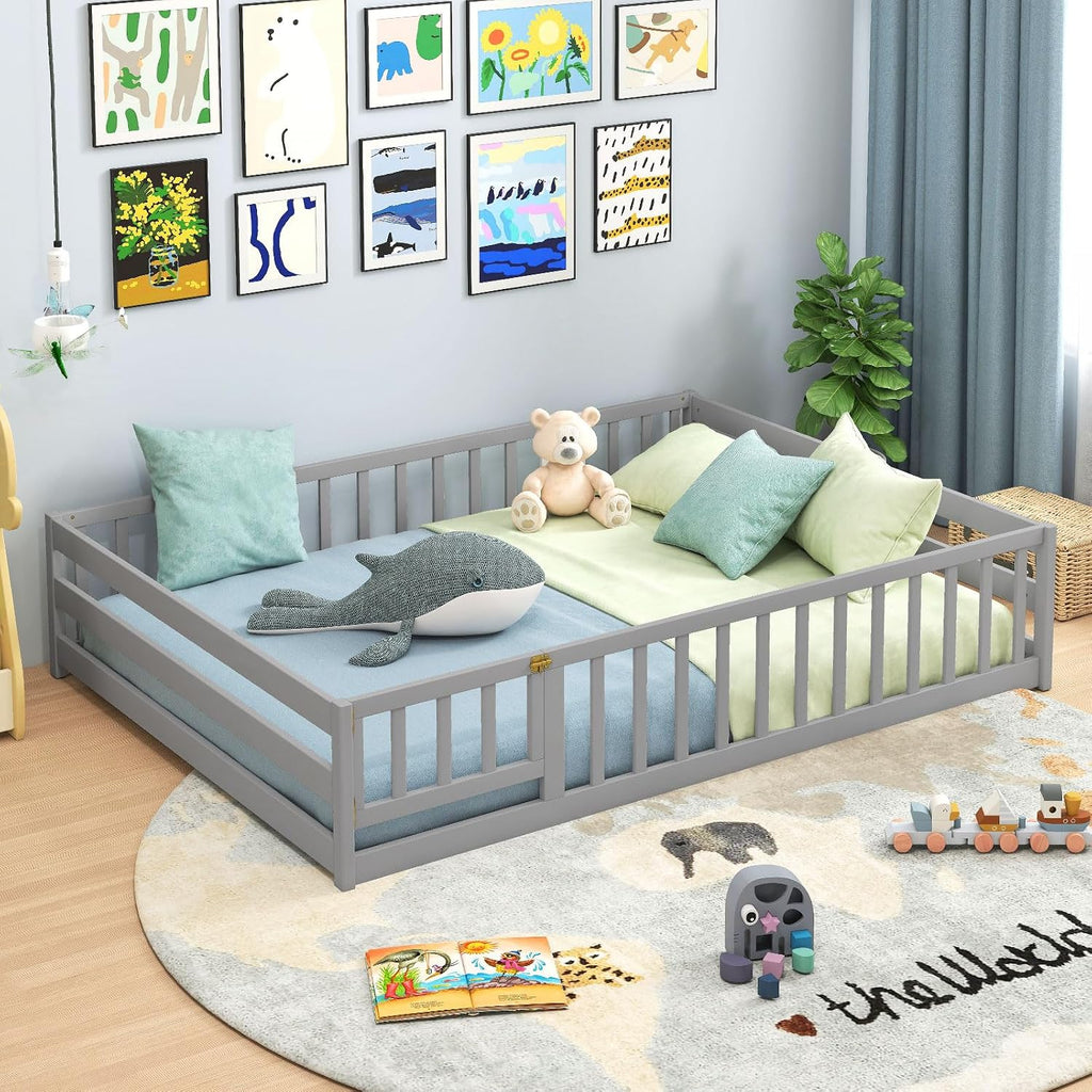 Full Floor Bed with Door & Fence, Kids Wood Montessori Beds with Safety Guardrails, Floor Bed Twin for Kids, Boys