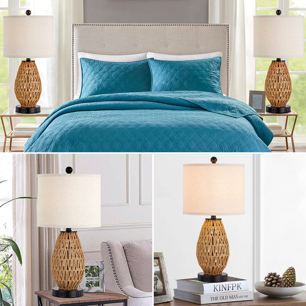 Touch Control Rattan Table Lamp, 3 Way Dimmable Bedside Lamp with 2 USB Ports and AC Outlet, Wicker Nightstand Lamps
