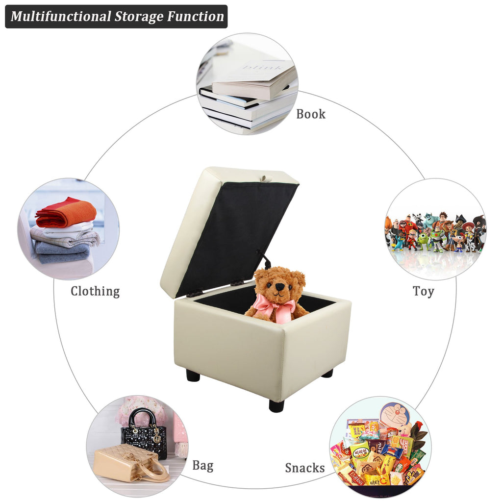 Tufted Leather Square Flip Top Storage Ottoman Cube Foot Rest (Cream with Storage)