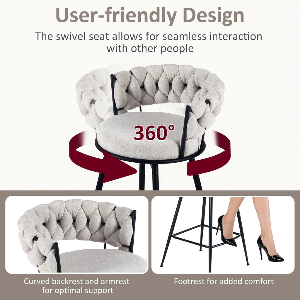 Bar Stools Set of 2, 28.7 inch Seat Height Bar Chairs, 360° Swivel Counter Height Barstools with Woven Back and Arm