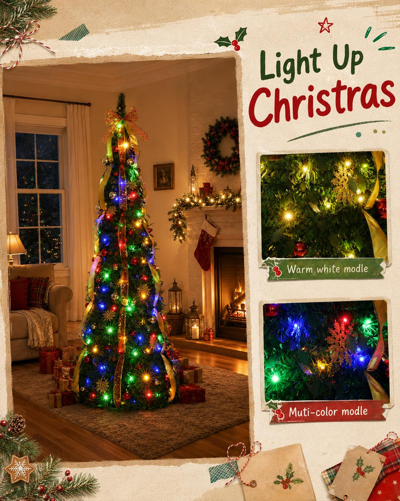 7ft Pop Up Pre-Lit with 200 Warm White & Multicolor Lights