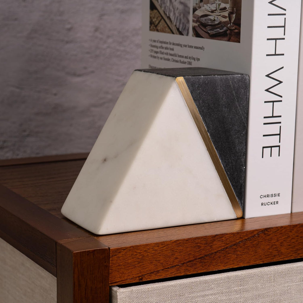 Marble Bookends with Gold Brass, Grey and White, Set of 2 | Heavy Book Ends for Shelves, Solid Stone Bookshelf Decor