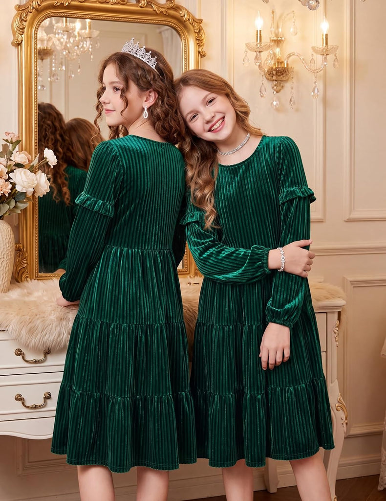 Girls Velvet Dress Tiered Long Sleeve Elegant Tween Fall Dresses