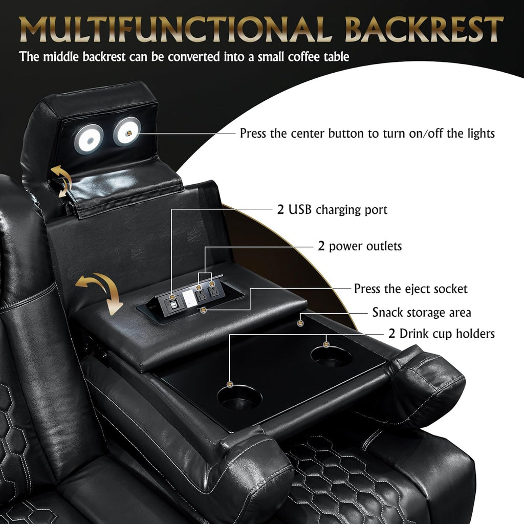 Home Theater Seating, Living Room, Powered Headrest, Powered Lumbar, Italian Leather, Powered Recline (Black