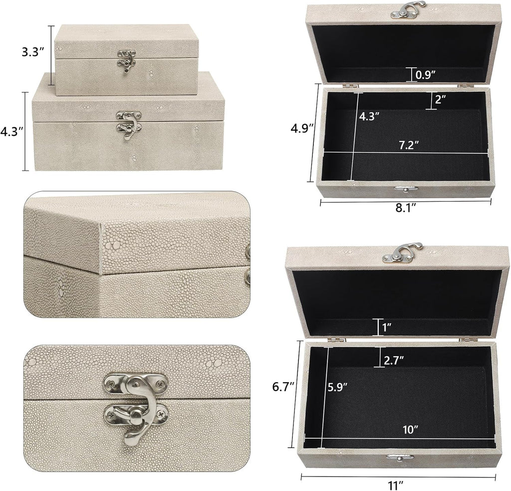 Faux Shagreen Leather Decorative Storage Boxes, Ivory - Set of 2