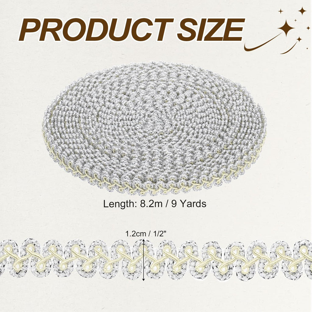 Metallic Gimp Braid Trim 1/2" Wide 9 Yards Braided Beige-Silver