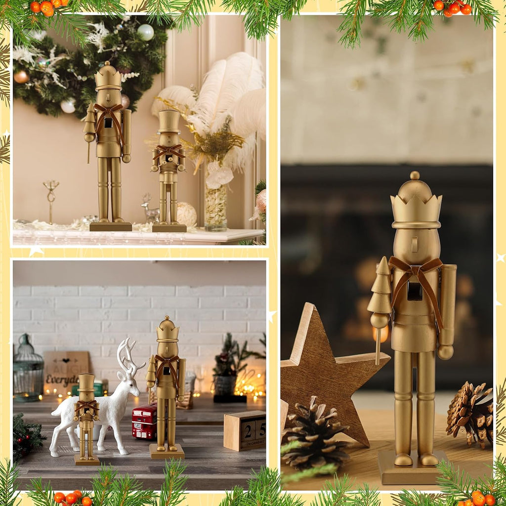 2 Pcs Neutral Christmas Nutcracker Figure 10" 15" Gold Wooden