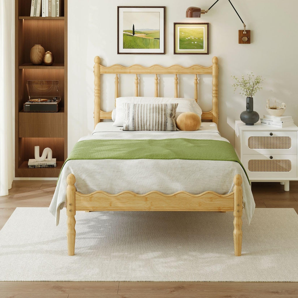 14 inch Solid Bamboo Wood Twin Size Bed Frame, Wavy Headboard and Footboard, Metal Slats, No Box Spring Needed and
