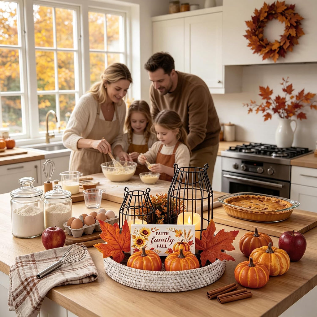 Rustic Farmhouse Lanterns Set Fall Decor for Dining Table Centerpieces | Set of 9 Artificial Maple Leaves, Autumn