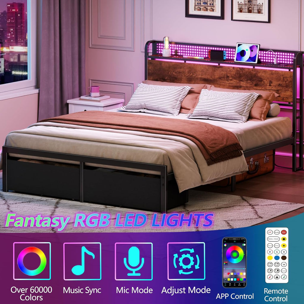 Queen Bed Frame with Headboard Storage, Platform Bed Frame Queen with 2 Drawers, Charging Station and LED Lights