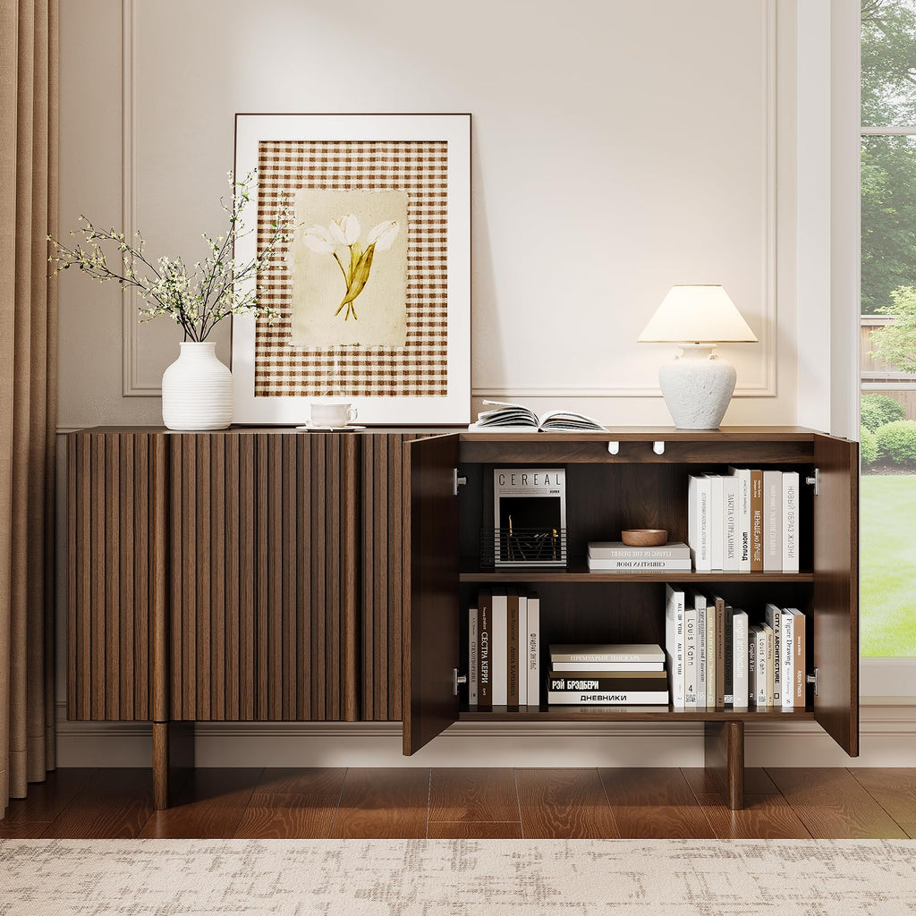 63" Fluted Sideboard Cabinet with Storage Adjustable Shelves Walnut